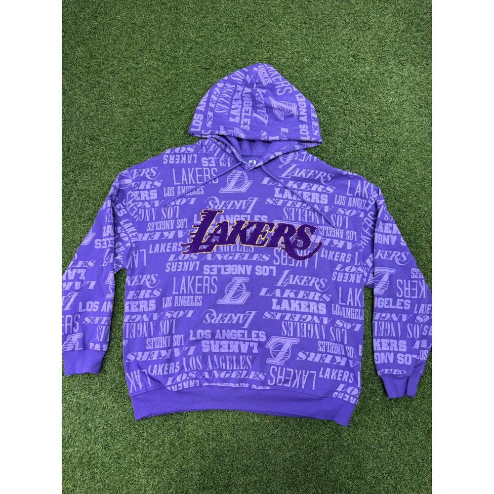 NBA Los Angeles Lakers Hoodie Mens XXL Purple All Over Print Chenille Patch Logo
